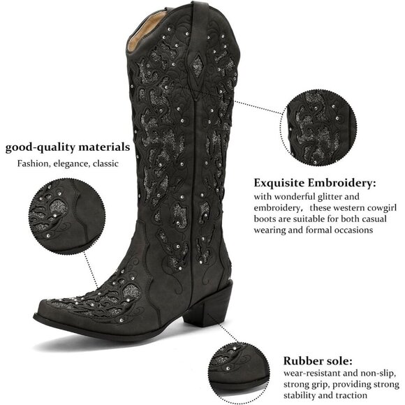 Women Black Embroidery Sparkly Rhinestone Chunky Heel Mid Calf Wedding Boots - Picture 5 of 5